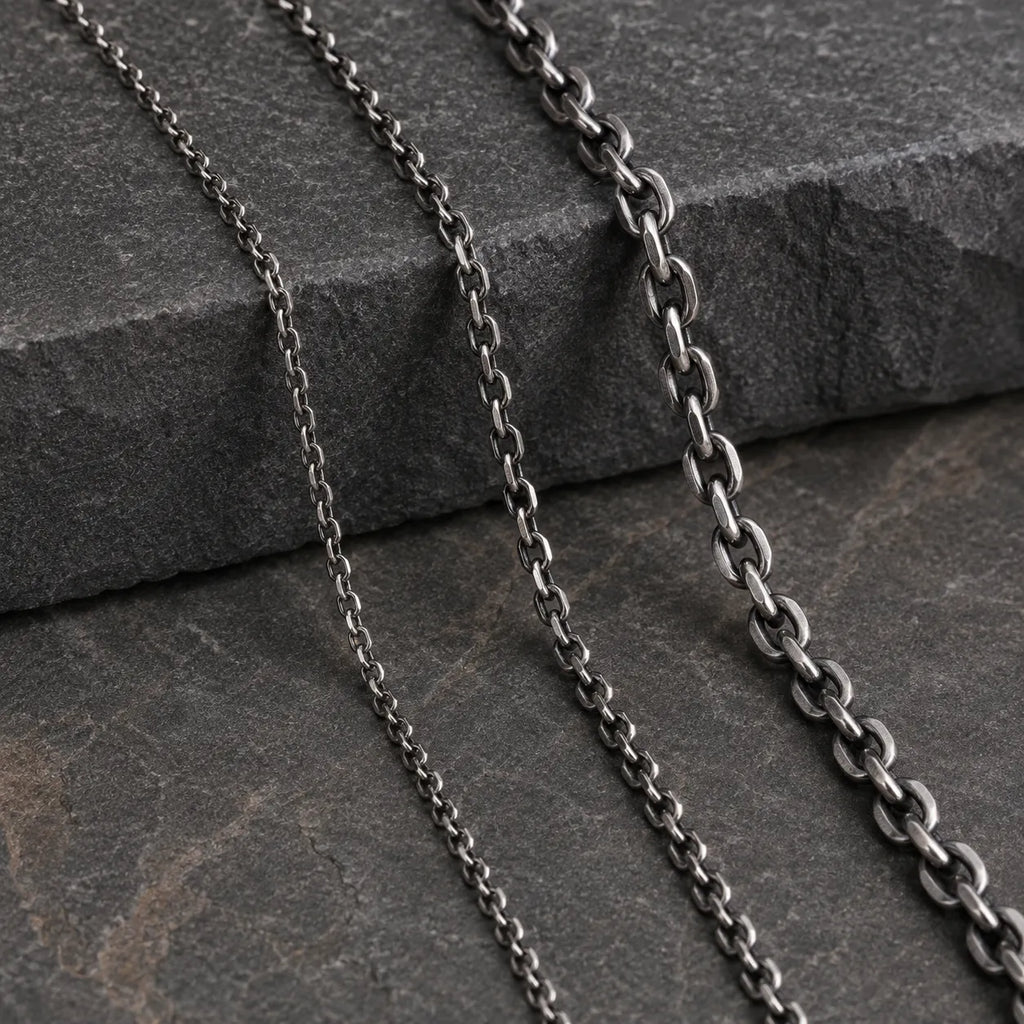 Side-by-side comparison of 1.5 mm, 2.0 mm and 3.0 mm oxidized silver chain widths