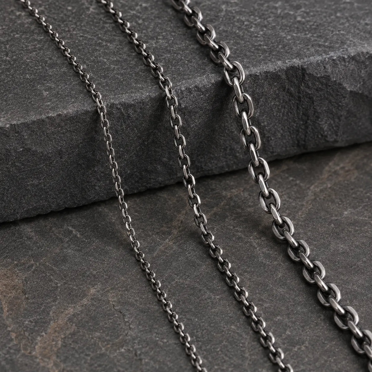 Side-by-side comparison of 1.5 mm, 2.0 mm and 3.0 mm oxidized silver chain widths