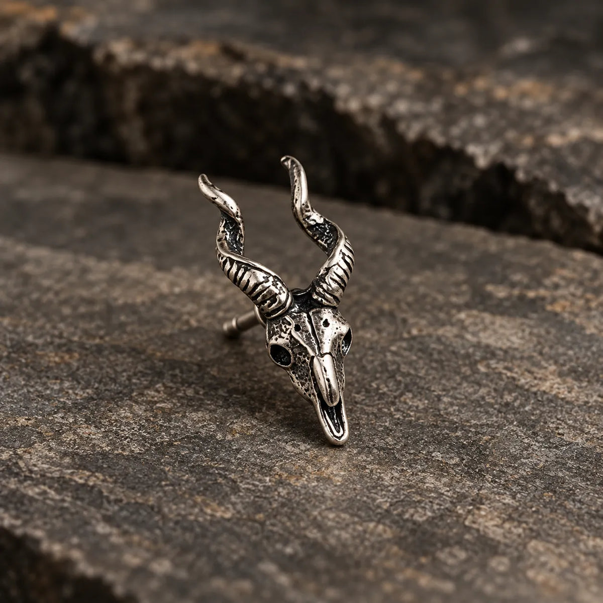 Close view of one oxidized silver horned skull stud showing its twisted horns and carved details