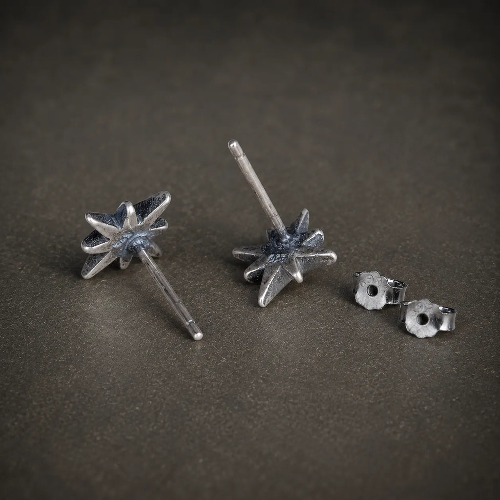 Back view of starburst stud earrings showing straight posts and butterfly backs